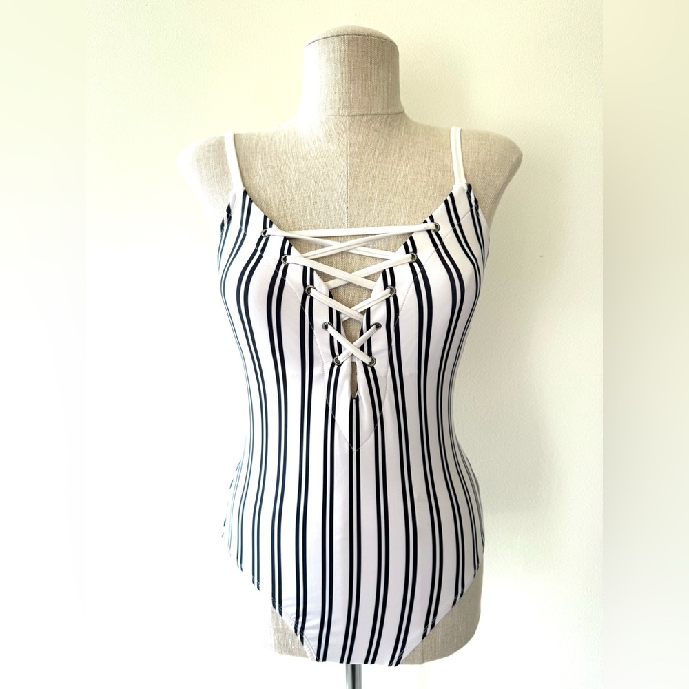 Nautica White with Navy Stripes Mio Laced Front One Piece Swimsuit - Picture 1 of 14